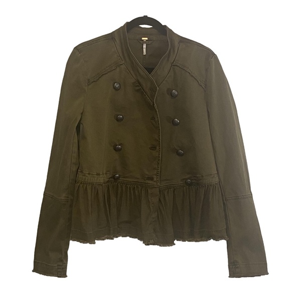FREE PEOPLE Flared Peplum Hem Moss Green Military Jacket Steampunk Boho Grunge M - Picture 5 of 16